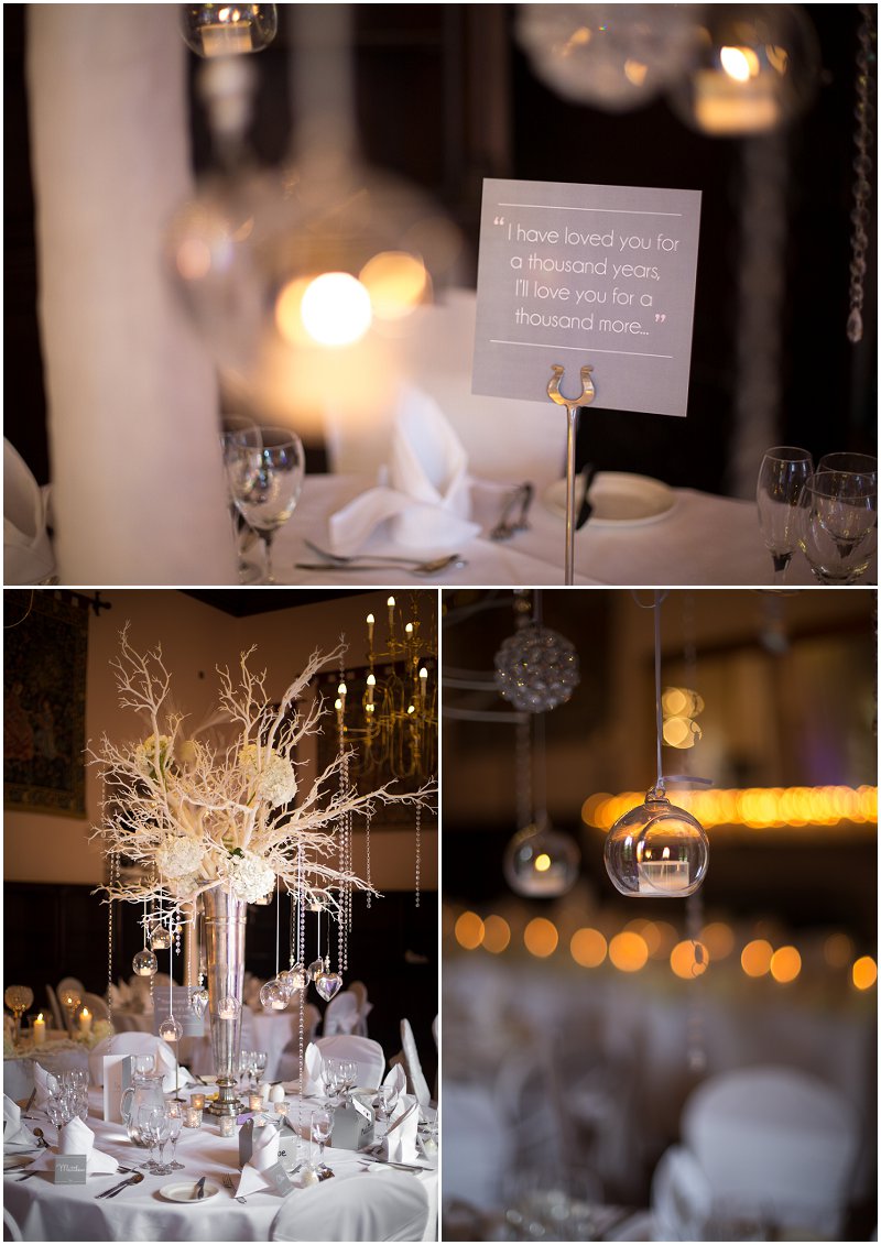 Beautiful Table Decorations during wedding reception Peckforton Castle