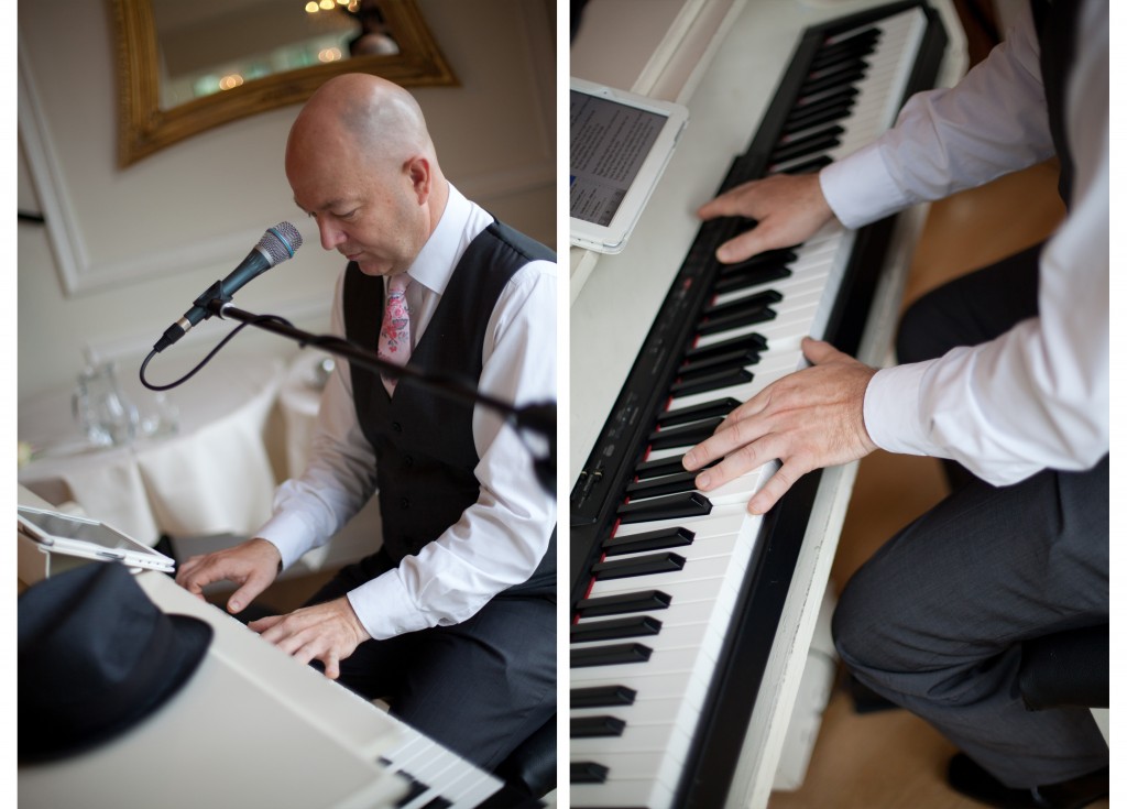 Close up shots of the singing piano man at West Tower, Lancashire wedding photography