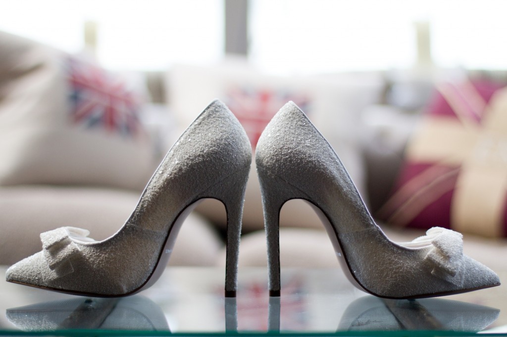 Wedding shoes, the bride's stunning shoes on display at Linthwaite House Hotel's conservatory