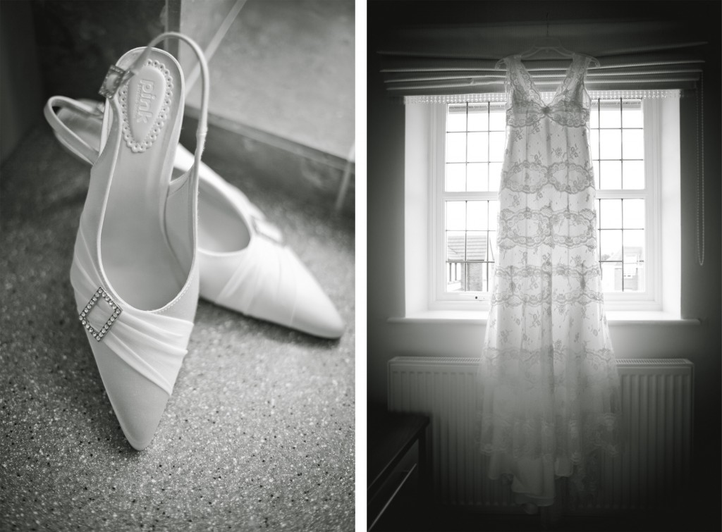 Beautiful wedding shoes and wedding dress, Lancashire Wedding Photography