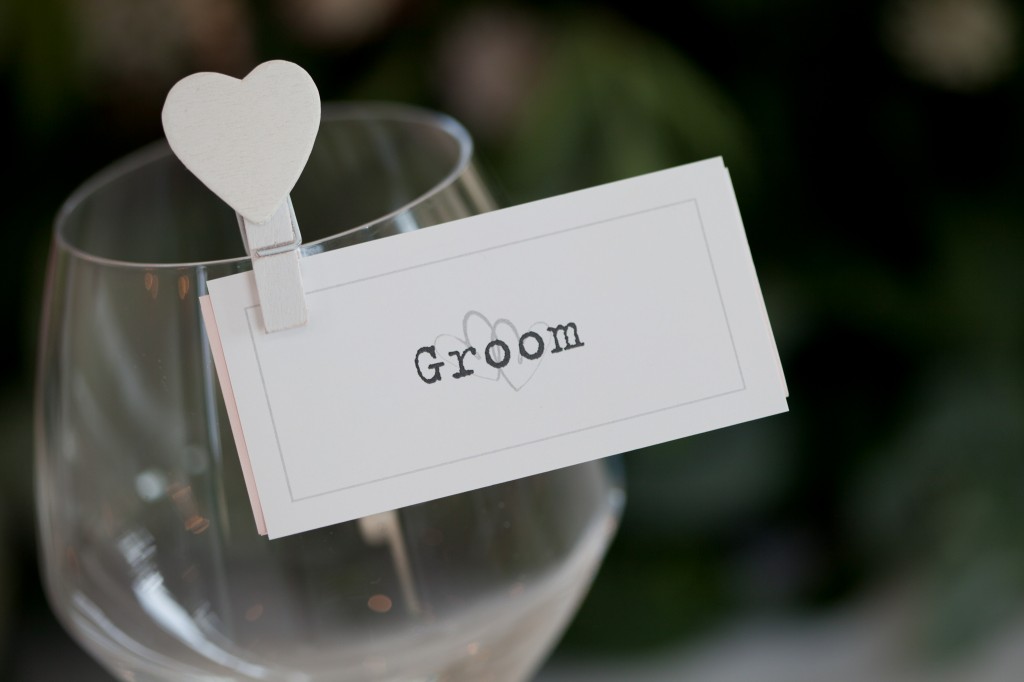 Groom place card at a wedding reception in Lancashire