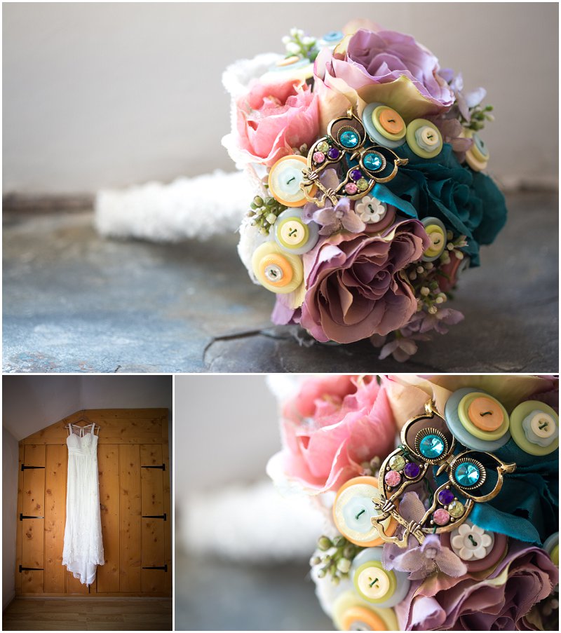 Wedding dress and button bouquet Cumbria Wedding
