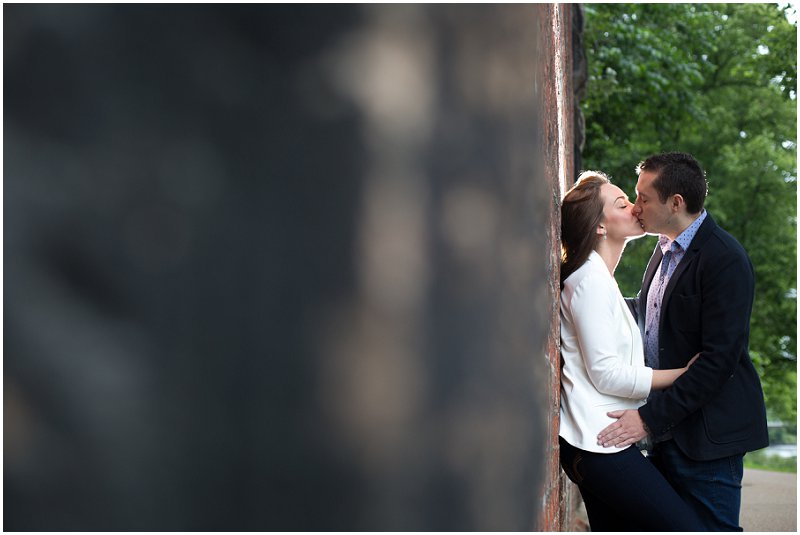 Couple kiss during pre wedding shoot Lancashire