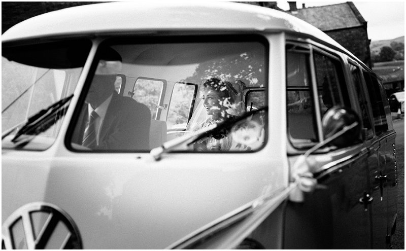 Bride arrives in VW campervan at the church in Lancashire Wedding