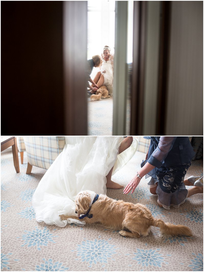 Bride Getting into dress with dog Cumbria Wedding Photography
