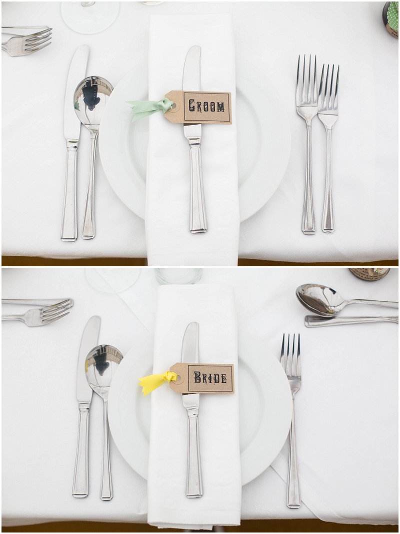 Groom and Bride place settings at Belmount Hall Marquee