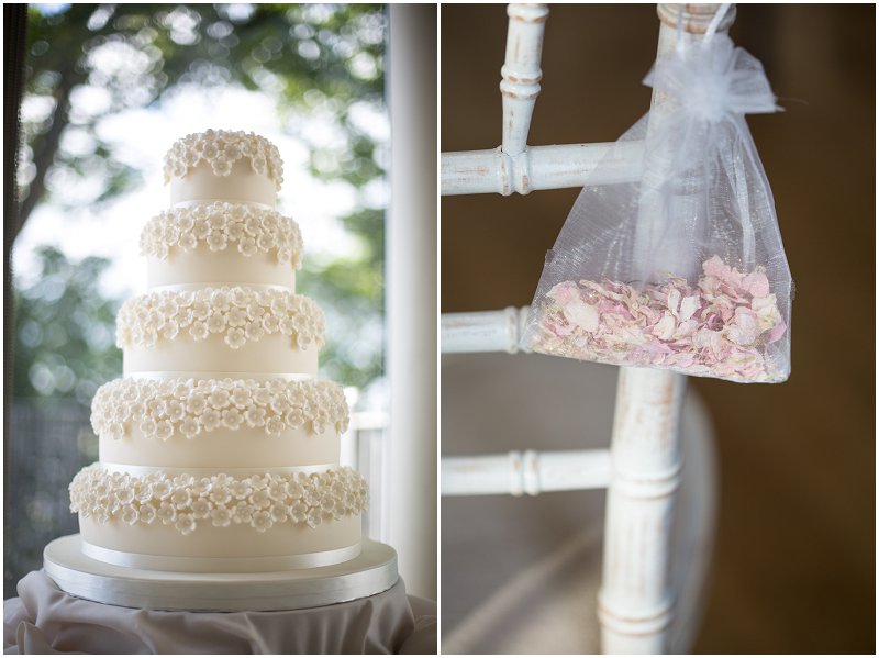 Beautiful white wedding cake and confetti