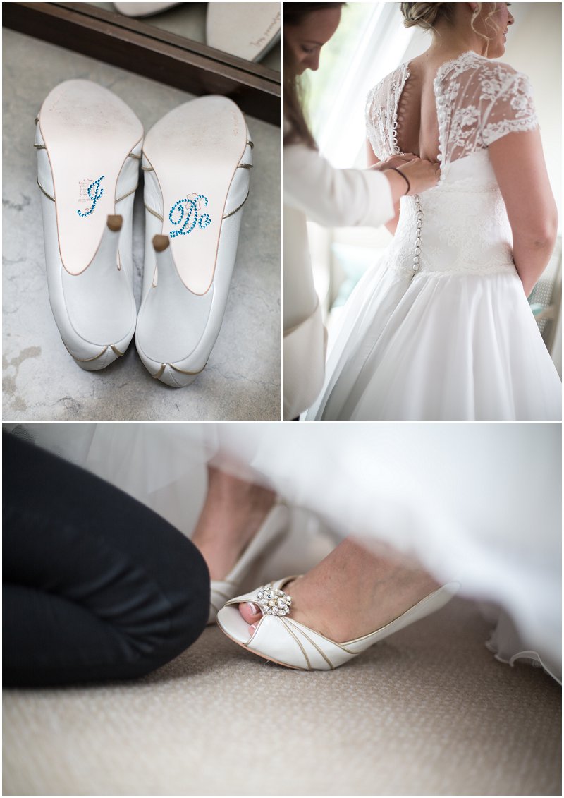 Beautiful bride getting into her dress and shoes on wedding morning