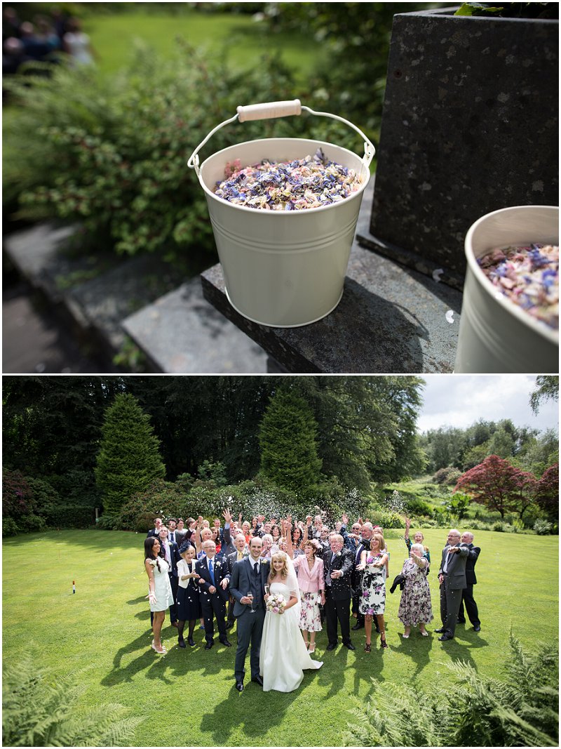 Beautiful group shot with confetti at Linthwaite House Hotel, Cumbria Wedding Photographer