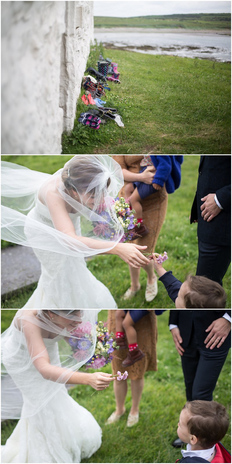 Shoes outside the Church and Boy Gives Bride Flowers at Anglesey Wedding