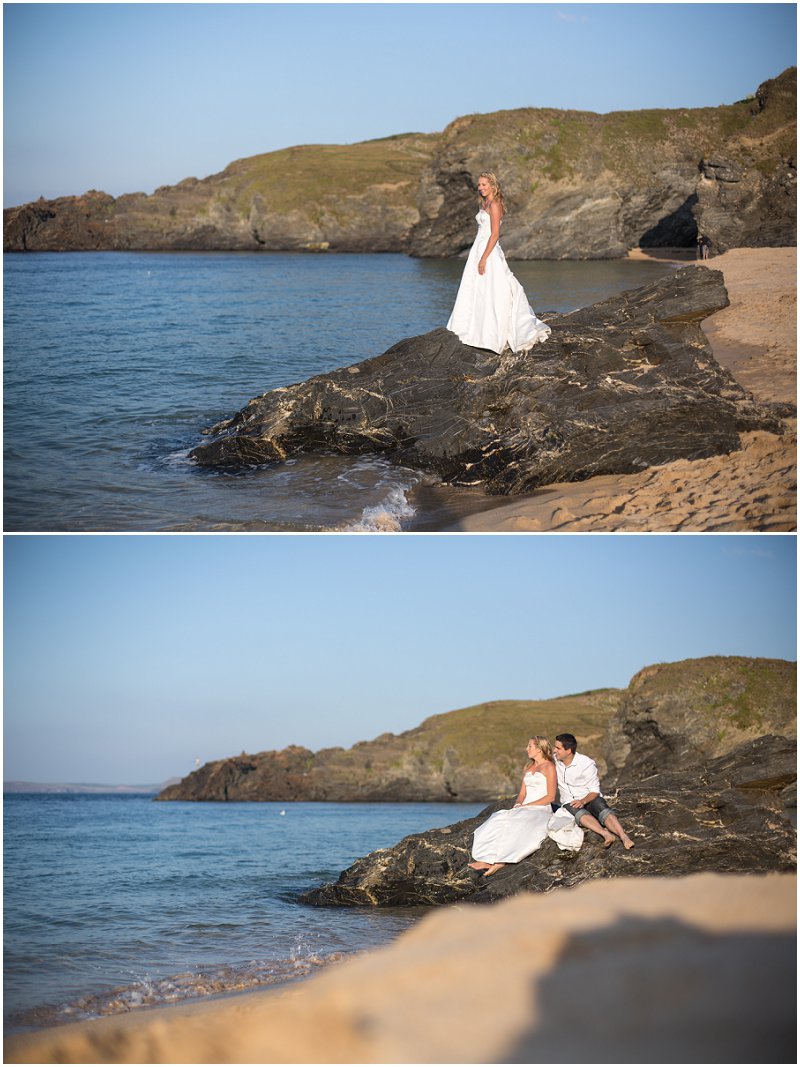 Bride on Rocks at Beach in Cornwall Wedding Shoot