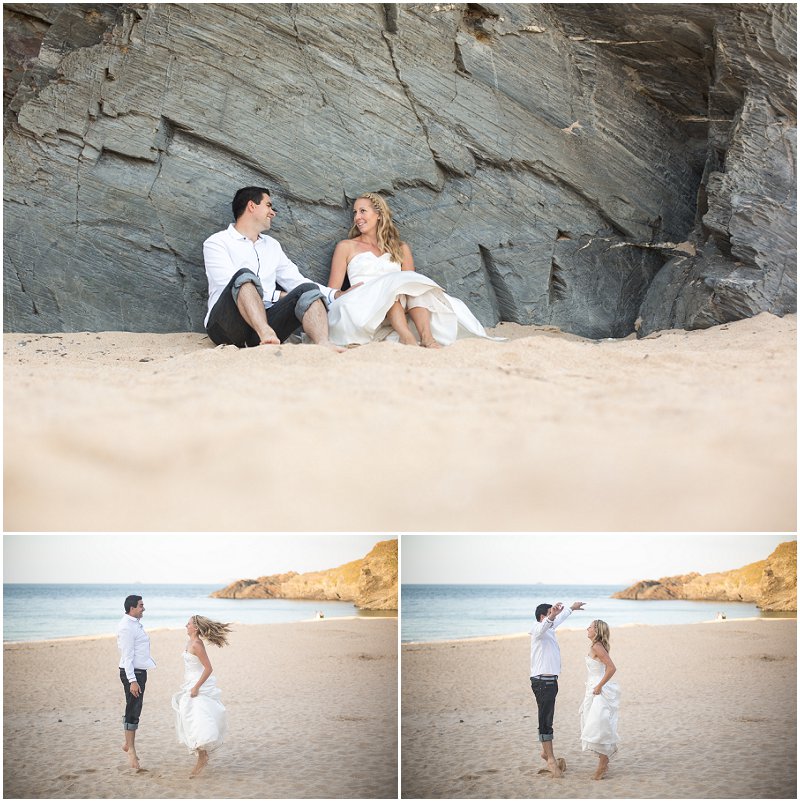 Fun games on the beach during wedding photography shoot Cornwall
