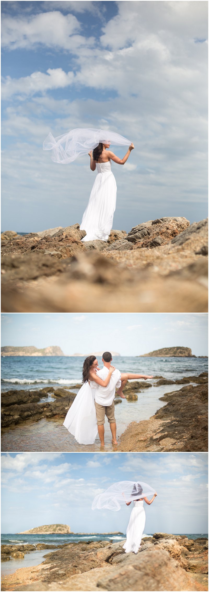Destination Wedding photography Bride with veil overhead Ibiza, Spain