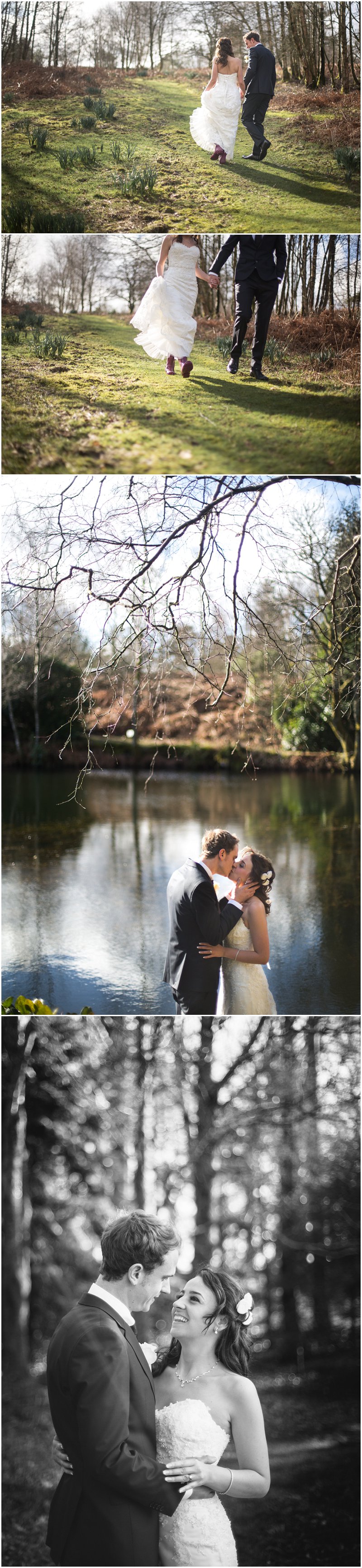 Bride and Groom walk around the tarn at Linthwaite House during portraits