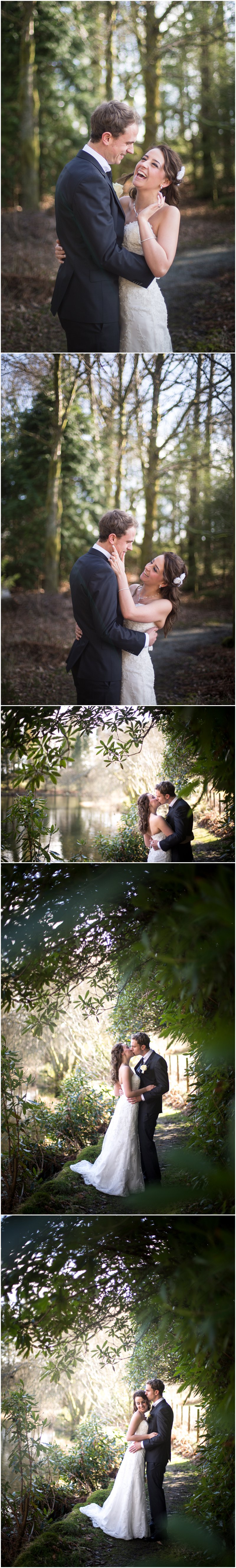 Beautiful light during bride and groom portraits around tarn at Linthwaite House Hotel