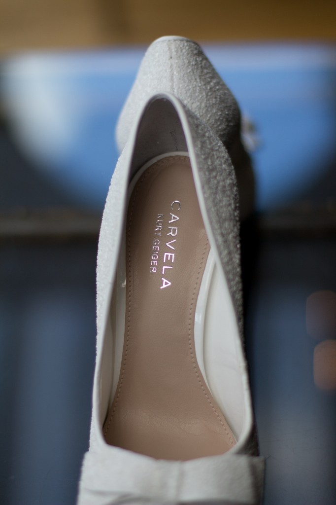 A close up photograph of a bride's shoes