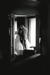 Bride and groom embracing in a tender moment, creative wedding photography
