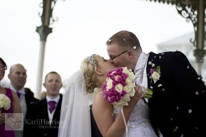 Bride and Groom Kissing during Confetti Shot, Isla Gladstone Liverpool Wedding