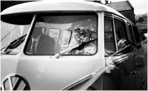 Bride arrives in VW campervan at the church in Lancashire Wedding