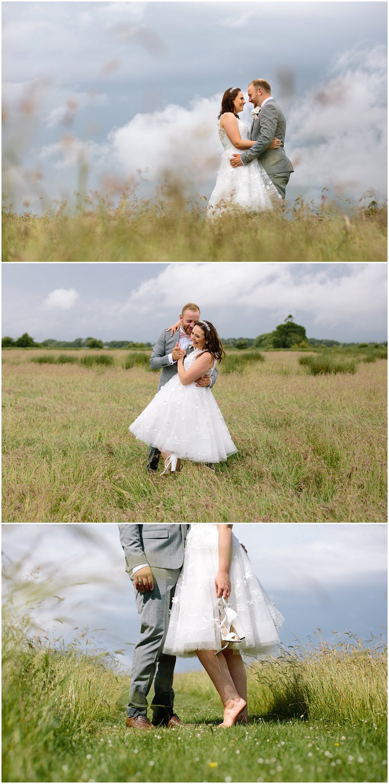 Bride and groom during portraits in field 