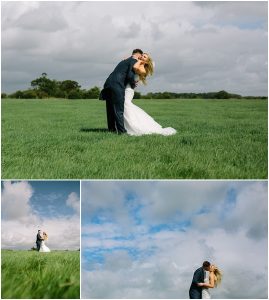 bride and groom in field for photos Scotland wedding