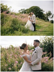 Bride and groom pose in photographs