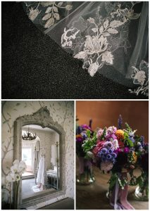 Veil, dress and flowers
