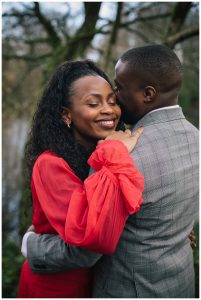 Beautiful bride to be with partner during photo shoot Heaton Park